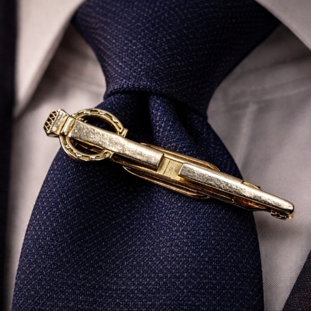 VINTAGE HADLEY GOLD TONE SWORD PIERCING ILLUSION TIE CLIP USA